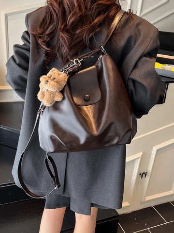 Borsa A Spalla Da Donna Grande Capacità Pelle PU Retro Multifunzionale Borsa Hobo Da Pendolare Con Portachiavi Orsetto