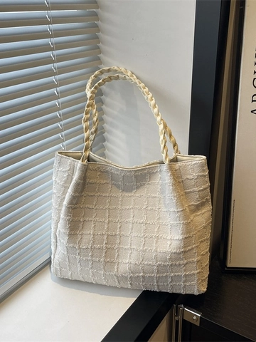 Sac Fourre-tout Femme Grande Capacité Toile à Texture Gaufre Sac à Épaule Avec Poignées Tressées Et Pendentif Nuage Sac à Main Décontracté