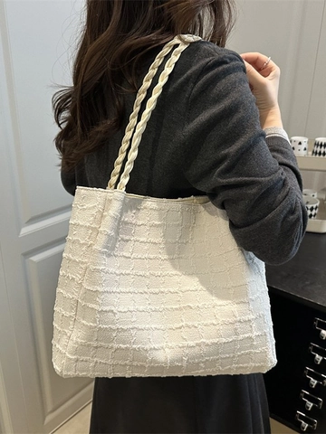 Sac Fourre-tout Femme Grande Capacité Toile à Texture Gaufre Sac à Épaule Avec Poignées Tressées Et Pendentif Nuage Sac à Main Décontracté