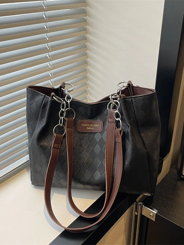 Bolso Tote Acolchado Para Mujer Cuero PU Gran Capacidad Contraste Color Bolso De Hombro Con Cadena Elegante