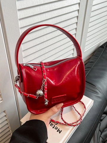 Women Glossy PU Leather Handbag Metal Chain Strap Small Square Crossbody Bag Minimalist Street Style Top Handle