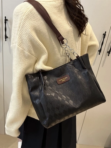 Bolso Tote Acolchado Para Mujer Cuero PU Gran Capacidad Contraste Color Bolso De Hombro Con Cadena Elegante