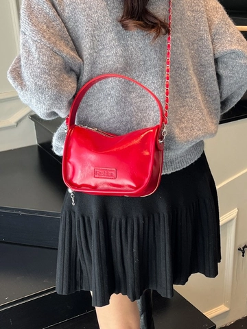 Women Glossy PU Leather Handbag Metal Chain Strap Small Square Crossbody Bag Minimalist Street Style Top Handle