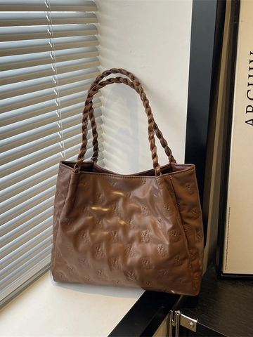 Borsa Tote Pelle PU Rilievo Orso Grande Capacità Donna Cinghie Intrecciate Ciondolo Nuvola Borsa Spalla Moda