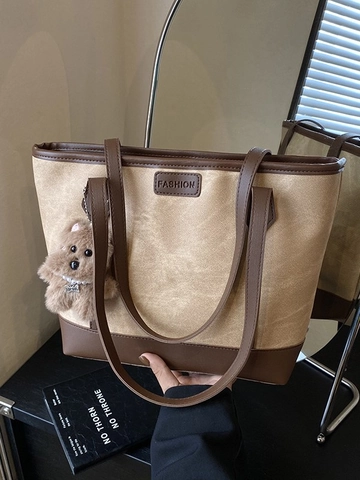 Borsa Tote da Donna in Pelle PU Grande Capacità Minimalista Borsa a Spalla Giuntata Vintage Borsa da Pendolare Con Pendente Cucciolo