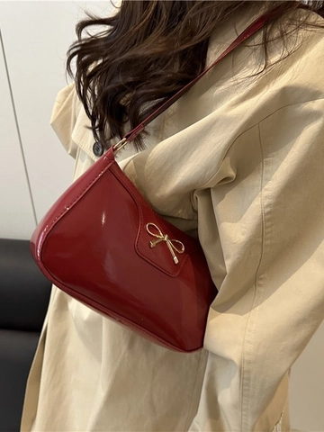 Women Shiny PU Patent Leather Underarm Bag Minimalist Bow Decor Retro Sweet Shoulder Bag Casual Commuter Handbag