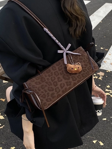 Γυναικεία Vintage Τσάντα Μασχάλης με Leopard Print Δερμάτινη Τσάντα Ώμου με Διακόσμηση Φιόγκου Gingham Retro Μόδα Καθημερινή Τσάντα Μετακίνησης