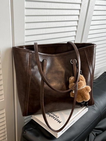 Vintage PU Leather Tote Bag Women Large Capacity Shoulder Bag For Commuting School Daily Retro Minimalist Solid Color Bag