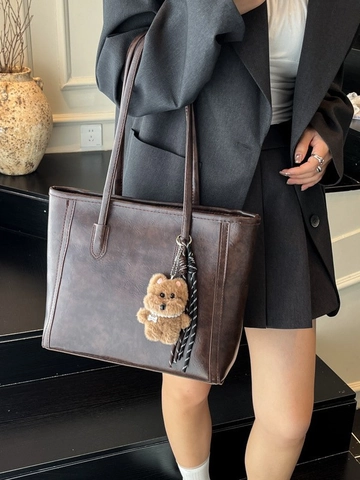 Vintage PU Leather Tote Bag Women Large Capacity Shoulder Bag For Commuting School Daily Retro Minimalist Solid Color Bag
