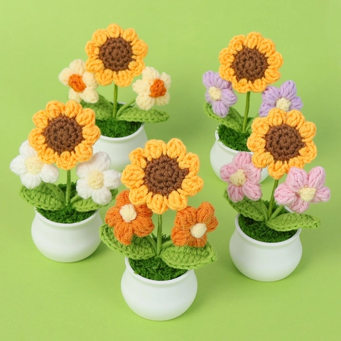 Handmade Crocheted Sunflower Potted Plant Artificial Knitted Flowers With White Pot For Home Desk Office Decor Gift