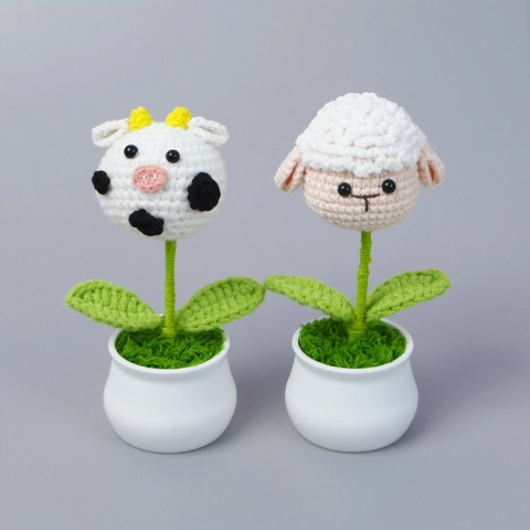 Handgefertigte Häkeln Tier Topfpflanze Ornamente Garn Amigurumi Süße Kuh Schaf Tiger Schreibtisch Auto Deko Ästhetisches Geschenk