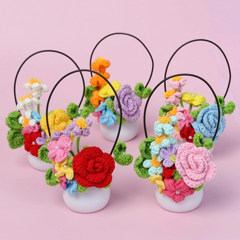 Fiore Rosa All'Uncinetto Fatto A Mano Pianta In Vaso Decorazione Da Scrivania In Maglia Con Maniglia Regalo Romantico