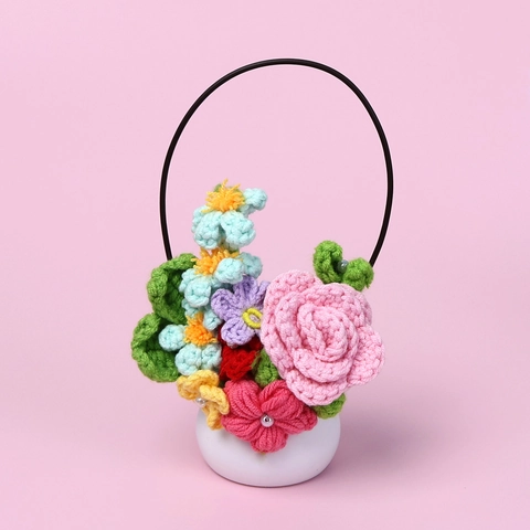 Fiore Rosa All'Uncinetto Fatto A Mano Pianta In Vaso Decorazione Da Scrivania In Maglia Con Maniglia Regalo Romantico