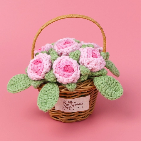 Cesto Fiori Rosa Uncinetto Fatto Mano Décor Floreale Maglia Desktop Casa Regalo San Valentino Incantevole Mini