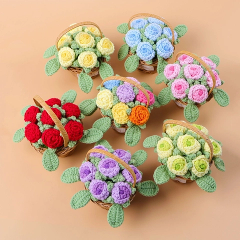 Cesto Fiori Rosa Uncinetto Fatto Mano Décor Floreale Maglia Desktop Casa Regalo San Valentino Incantevole Mini