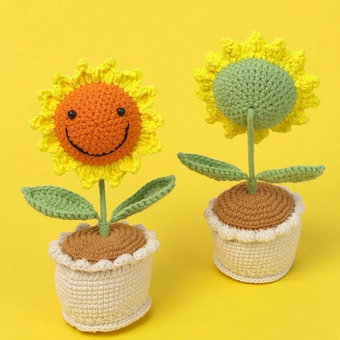 Handgefertigtes Häkel Sonnenblume Topf Ornament Lächelndes Gesicht Gestrickte Garn Blume Schreibtisch Deko Geschenk
