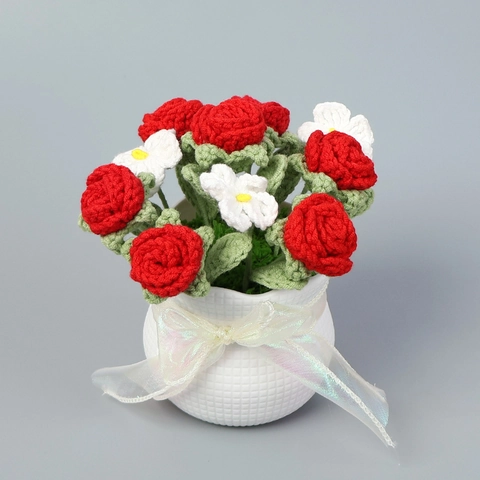 Planta En Maceta De Rosa De Ganchillo Hecha A Mano Flor Artificial De Hilo De Lana Maceta Blanca Decoración De Mesa