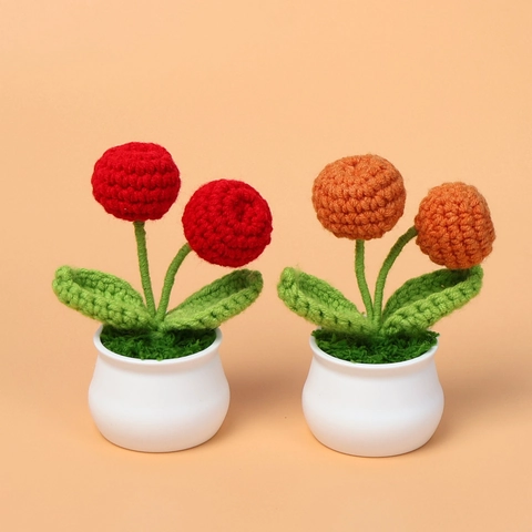 Handmade Crochet Fruit Potted Flower Ornament Yarn Knitted Orange Apple Desktop Decoration Ceramic Pot Gift