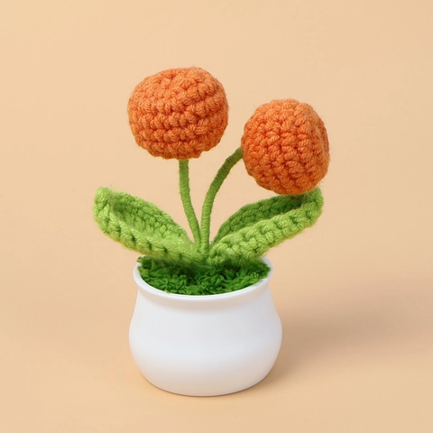 Handmade Crochet Fruit Potted Flower Ornament Yarn Knitted Orange Apple Desktop Decoration Ceramic Pot Gift
