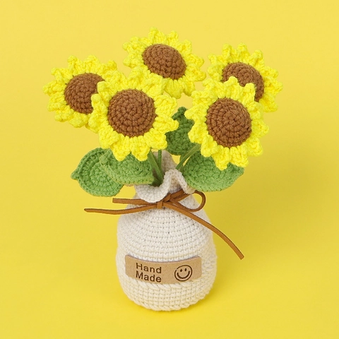 Handmade Crochet Sunflower Potted Plant Knitted Artificial Flowers With Base Desktop Decor Home Office Ornament Gift