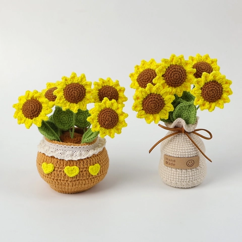 Handmade Crochet Sunflower Potted Plant Knitted Artificial Flowers With Base Desktop Decor Home Office Ornament Gift