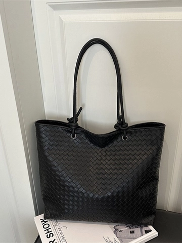 Sac Fourre-Tout En Cuir PU Tissé À La Main Grande Capacité Noir Poignée Nouée Sac À Main Épaule Pour Femmes Travail