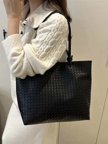 Sac Fourre-Tout En Cuir PU Tissé À La Main Grande Capacité Noir Poignée Nouée Sac À Main Épaule Pour Femmes Travail