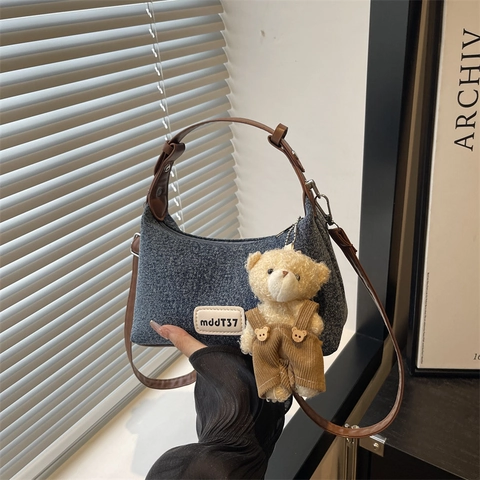Vintage Denim Small Square Crossbody Bag For Women Casual Washed Jean Shoulder Bag With Cute Bear Pendant Retro Fashion Handbag