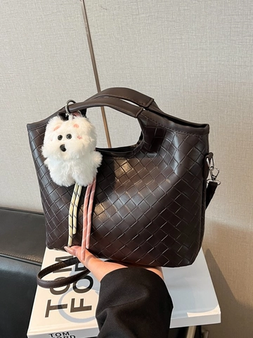 Sac Seau En Cuir PU Tissé Sac Bandoulière Rétro Avec Bandoulière Amovible Et Pendentif En Peluche Pour Femme