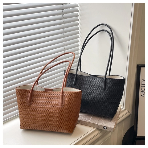 Damen Gewebte Tote Bag PU Leder Große Kapazität Schultertasche Elegant Vintage Webdesign Handtasche Für Pendler Büro Damen