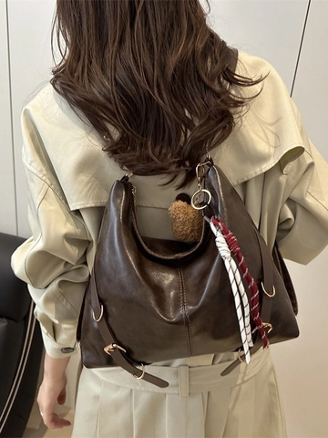 Borsa A Spalla Hobo In Pelle PU Retro Grande Capacità Borsa Secchiello Vintage Versatile Donna Con Ciondolo Orso E Corda