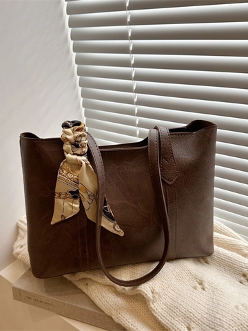 Women Large Capacity Tote Bag Vintage PU Leather Shoulder Bag With Scarf Decoration Solid Color Commuter Handbag Daily Work