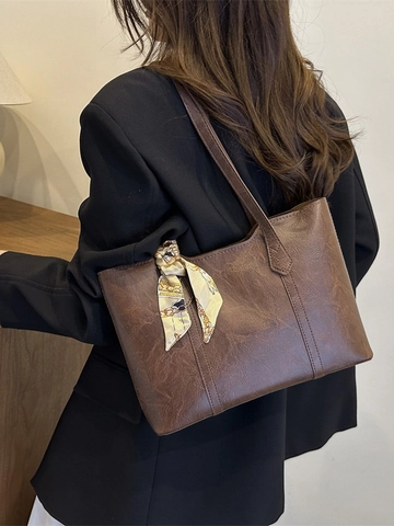 Women Large Capacity Tote Bag Vintage PU Leather Shoulder Bag With Scarf Decoration Solid Color Commuter Handbag Daily Work