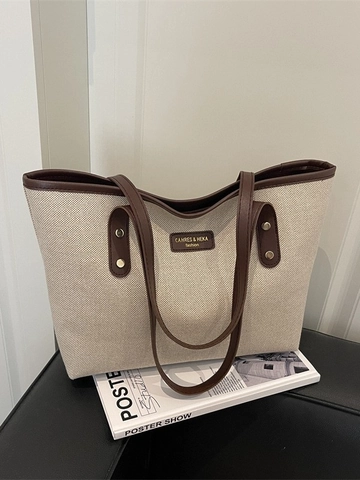 Bolso De Mano Tote De Lona Gran Capacidad Con Ribete De Cuero Color Contrastado Retro Bolso De Hombro Para Mujer Parche