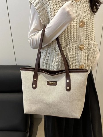 Bolso De Mano Tote De Lona Gran Capacidad Con Ribete De Cuero Color Contrastado Retro Bolso De Hombro Para Mujer Parche