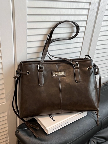 Retro Large Capacity PU Leather Tote Bag For Women Side Drawstring Bow Decor Work School Commuter Shoulder Bag