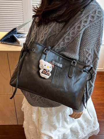 Retro Large Capacity PU Leather Tote Bag For Women Side Drawstring Bow Decor Work School Commuter Shoulder Bag