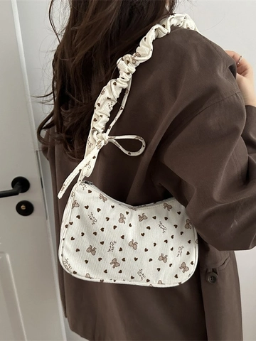 Damen Cord Achseltasche Süße Schleife Herz Druck Hobo Bag Mit Rüschengriff Lässige Schultertasche Für Den Täglichen Gebrauch