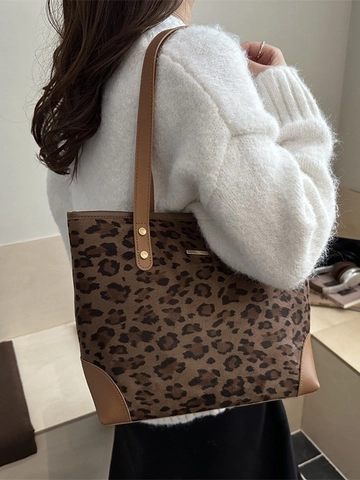 Damen Mode Vintage Leopardenmuster Einkaufstasche Große Kapazität PU Leder Umhängetasche Lässig Pendeln Schule Handtasche