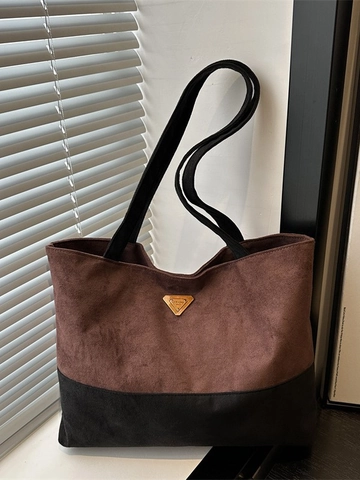 Bolso Tote Vintage De PU Gamuza Color Contrastado Para Mujer Gran Capacidad Bolso De Hombro Retro Diseño De Empalme Estilo Maillard