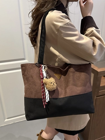 Bolso Tote Vintage De PU Gamuza Color Contrastado Para Mujer Gran Capacidad Bolso De Hombro Retro Diseño De Empalme Estilo Maillard