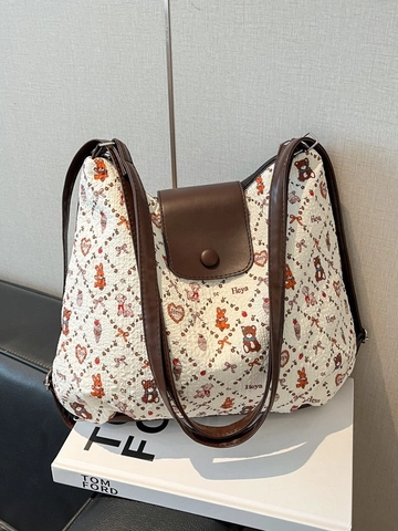 Vintage Bear Print Oxford Fabric Women Tote Bag Large Capacity Casual Shoulder Bag With Plush Charm Retro Handbag For Lady