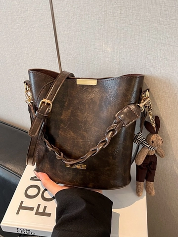 Borsa a Secchiello in Pelle PU Vintage per Donna Con Manico Intrecciato e Ciondolo a Coniglio in Peluche Tracolla Retro