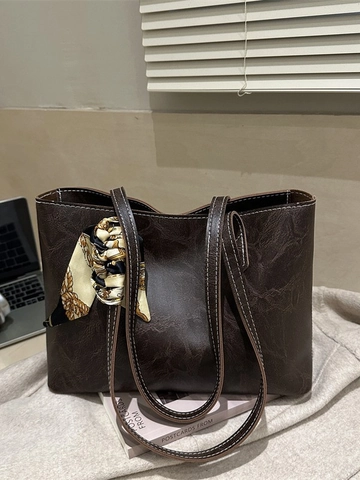 Vintage PU Leder Tragetasche Große Kapazität Pendler Umhängetasche Mit Satin Schal Schleife Dekoration Kontrastnähte Damen Tasche