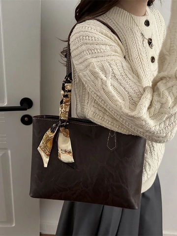 Vintage PU Leder Tragetasche Große Kapazität Pendler Umhängetasche Mit Satin Schal Schleife Dekoration Kontrastnähte Damen Tasche