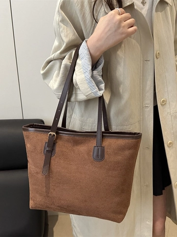 Women Large Capacity Faux Suede Tote Bag Minimalist Retro Shoulder Bag For Commuting Daily Versatile Solid Color Zipper