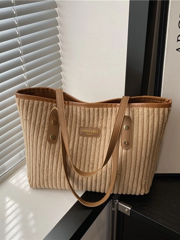 Corduroy Tote Bag Große Kapazität Mit PU Ledergriffen Reißverschluss Schulter Handtasche Minimalistische Retro Pendler Damen