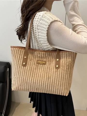 Corduroy Tote Bag Große Kapazität Mit PU Ledergriffen Reißverschluss Schulter Handtasche Minimalistische Retro Pendler Damen