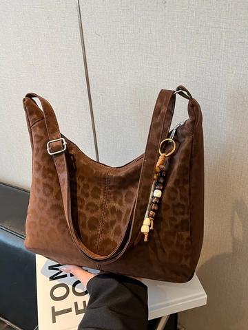Damen Leopard Print Hobo Tasche PU Wildleder Optik Große Kapazität Vintage Schultertasche Mit Perlenanhänger