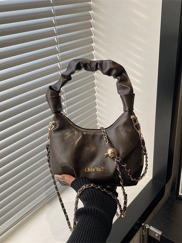 Women Ruched Cloud Shoulder Bag PU Leather Retro Pleated Handbag With Gold Chain Strap Crossbody Purse